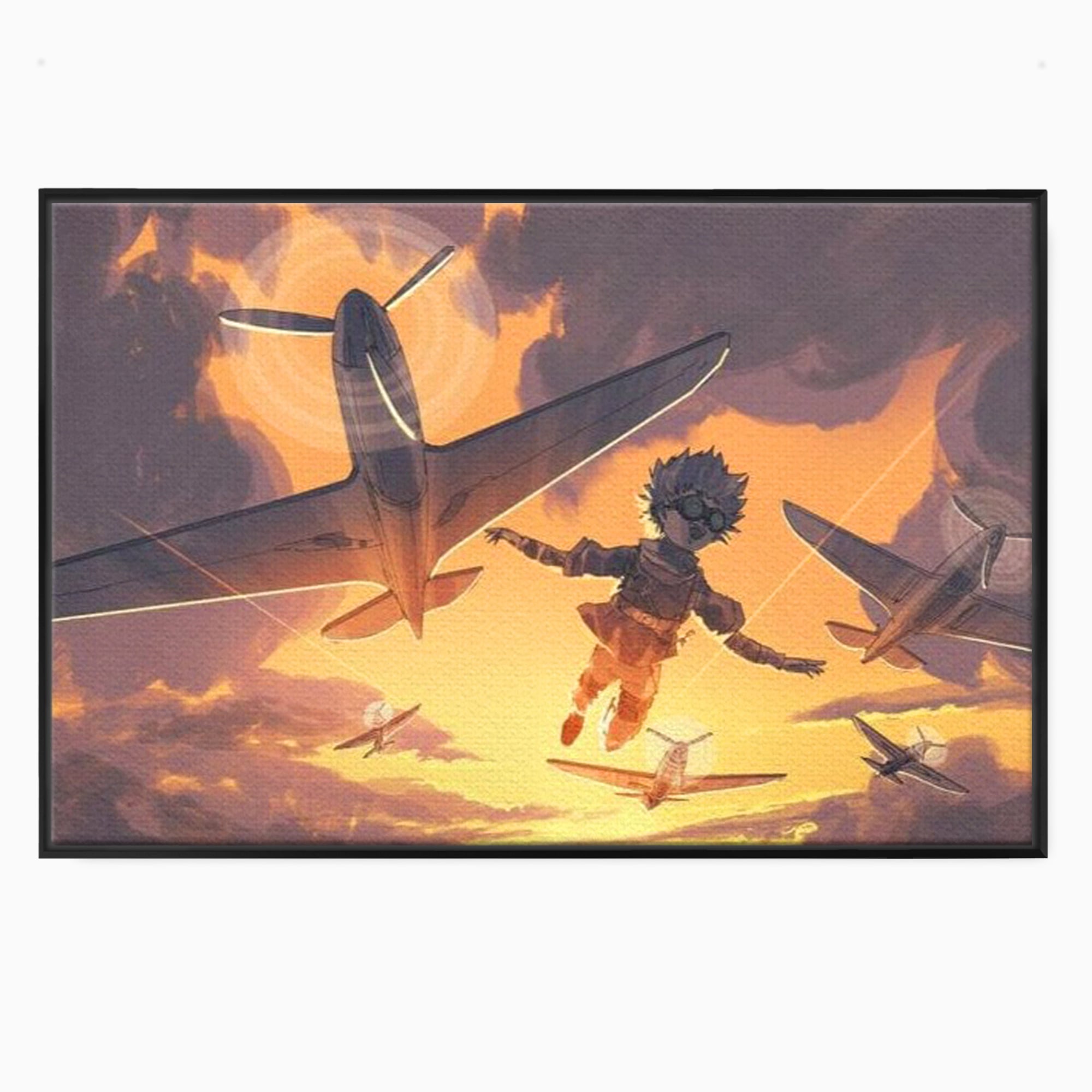 Tablou canvas cu ilustratie digitala cu un baietel zburand alaturi de avioane, in rama de aluminiu negru